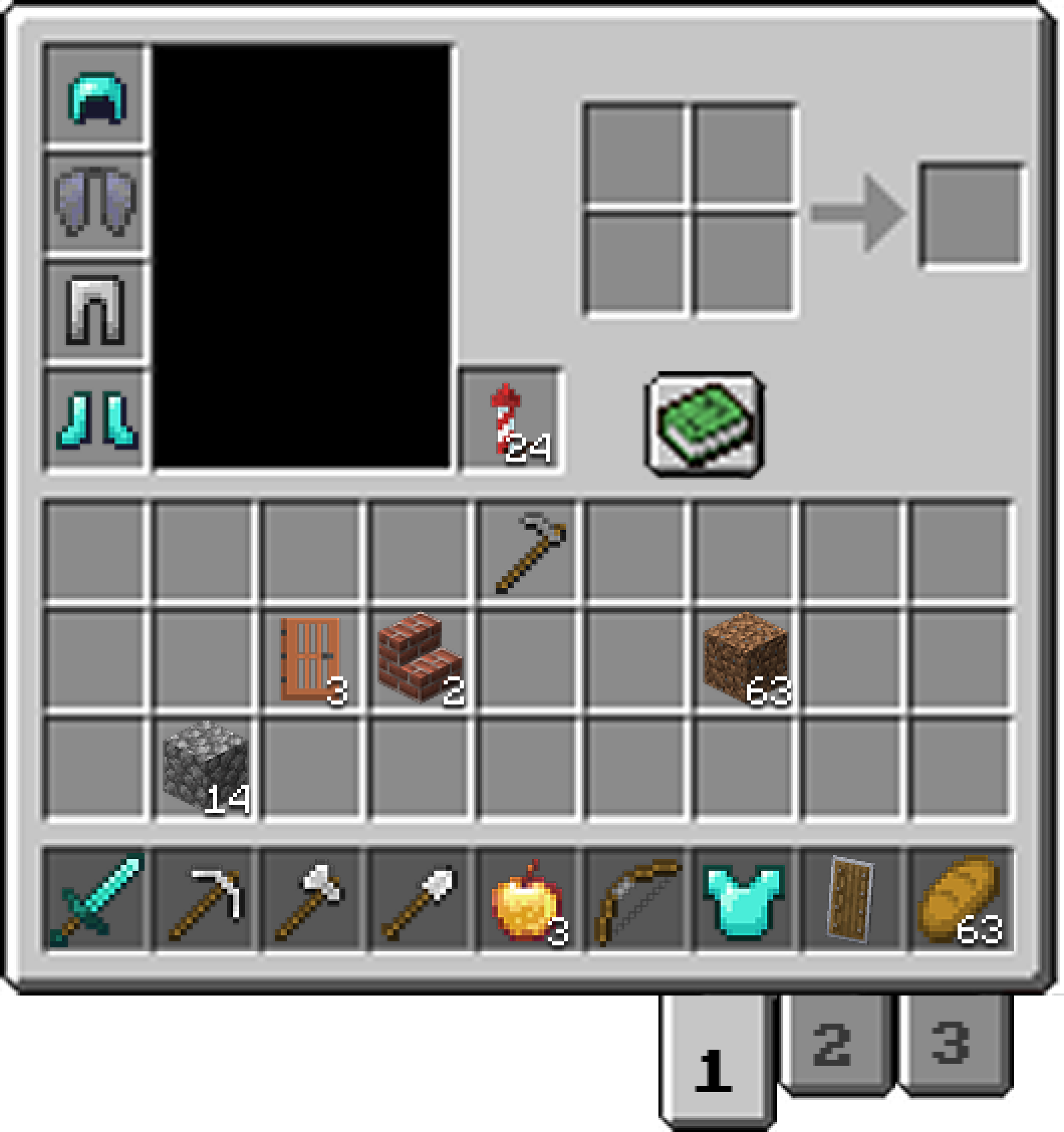 Minecraft inventory mockup with three numbered hotbar preset tabs under the hotbar