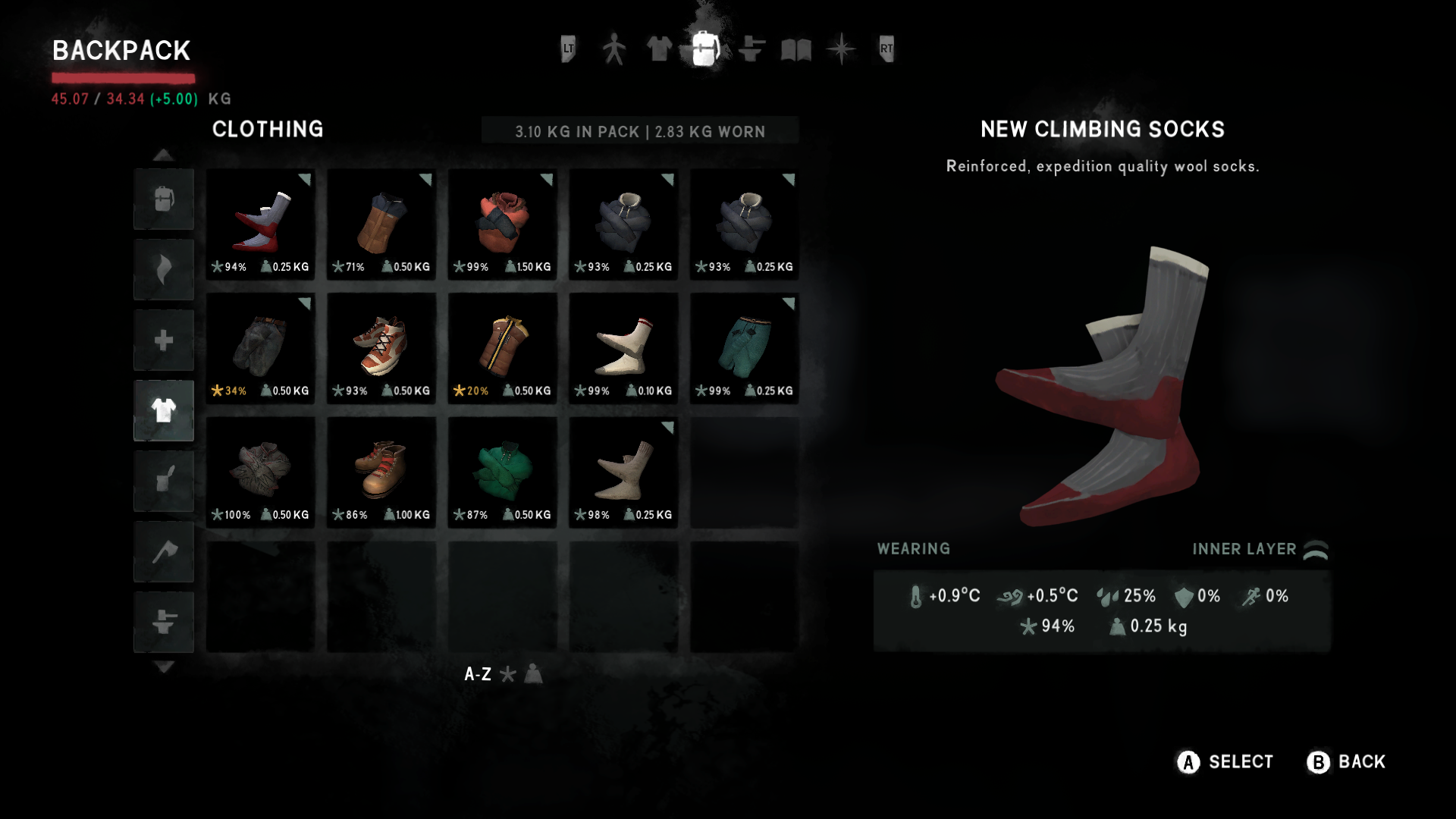 The Long Dark backpack screen with category tabs down the left side