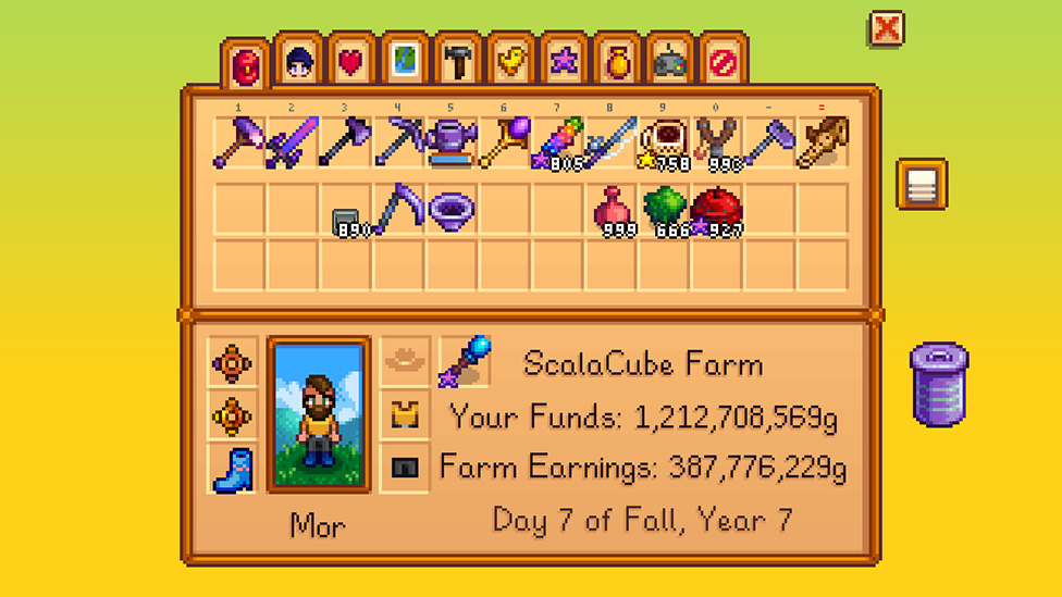 Stardew Valley inventory with a trash can and organize button beside the grid