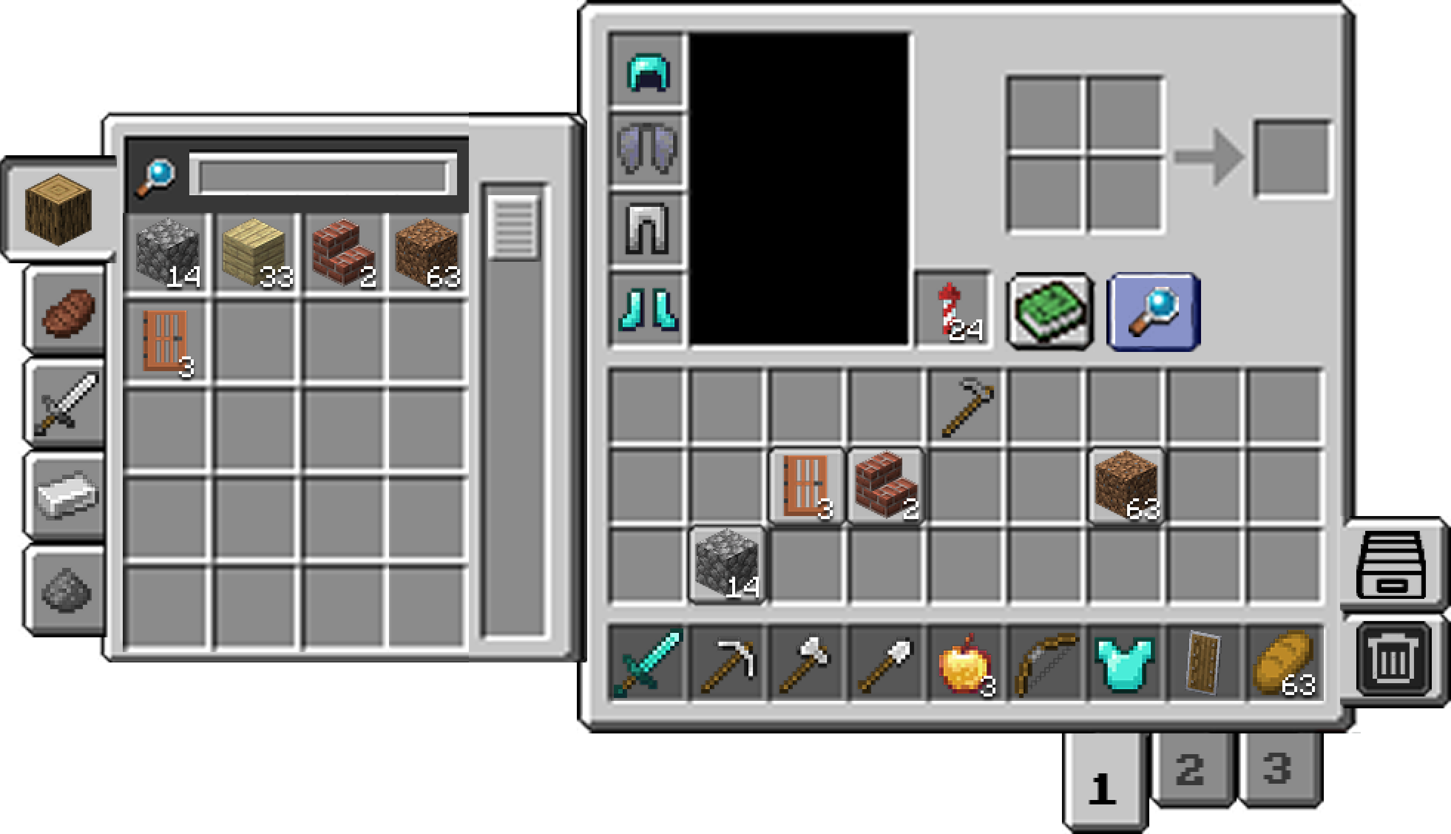 Final Minecraft inventory redesign combining sort and search tabs, autosort, trash can, and hotbar presets