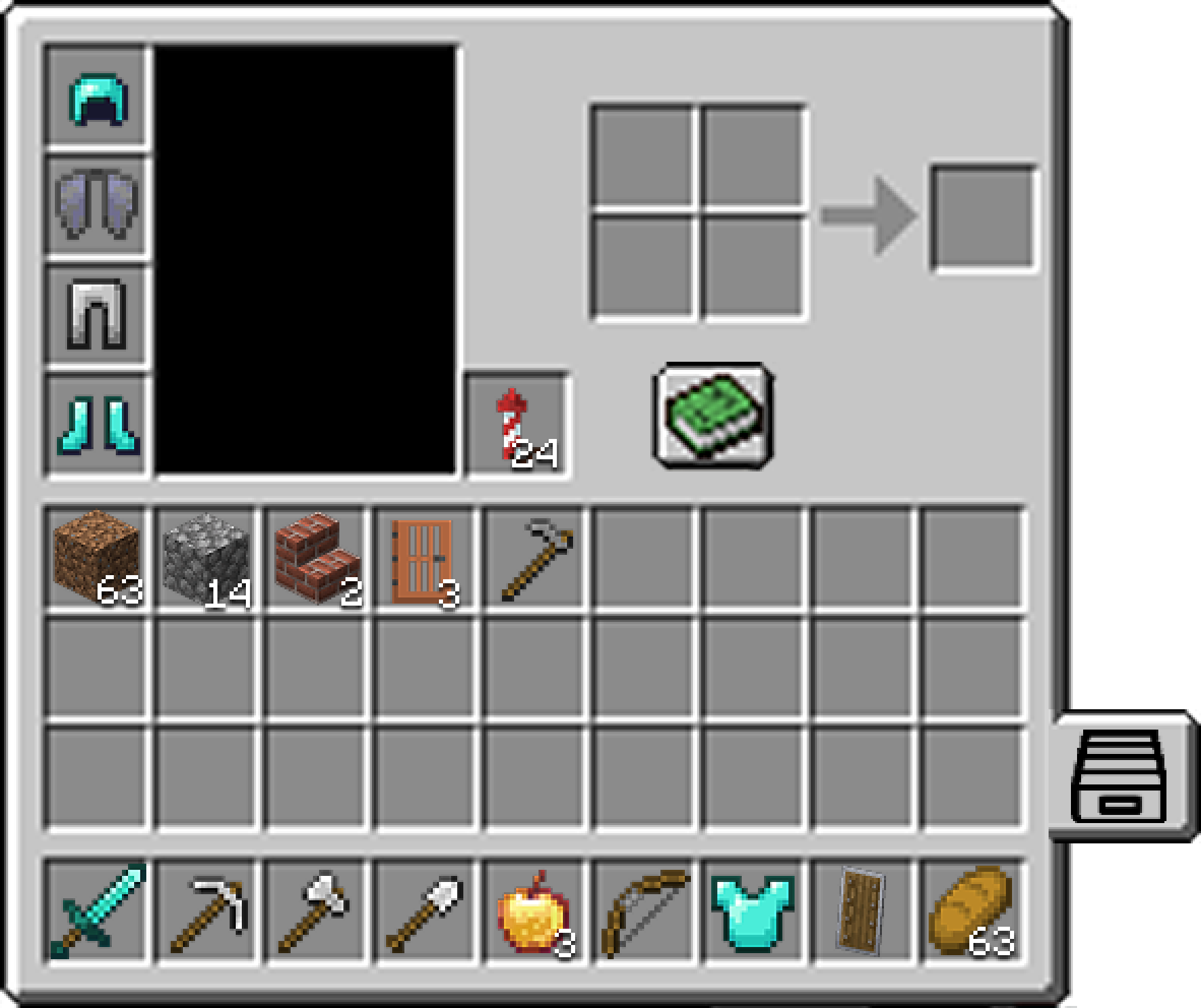 Minecraft inventory mockup with an autosort button on the right edge of the grid