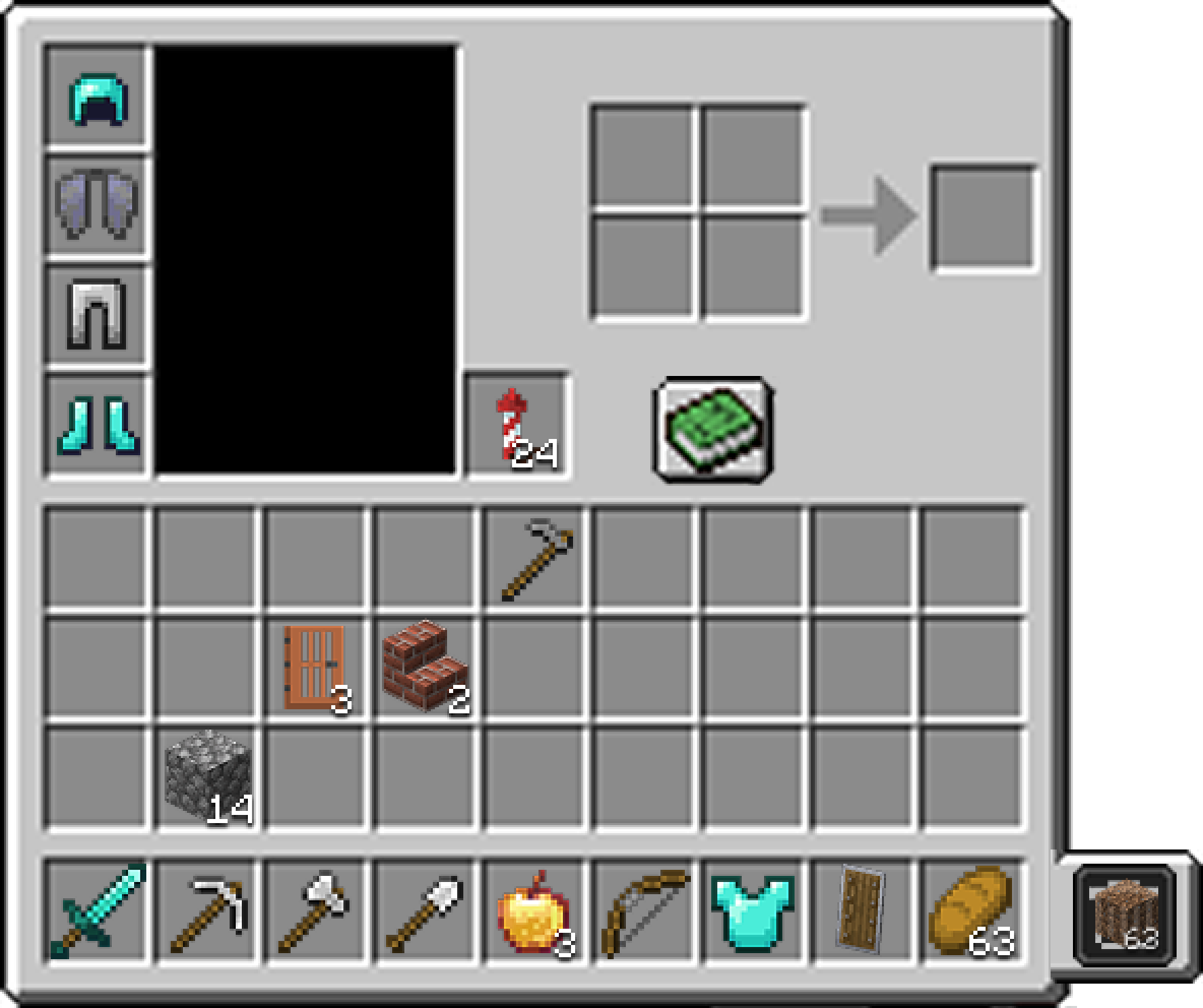 Minecraft inventory mockup with a trash slot holding a stack of blocks beside the hotbar
