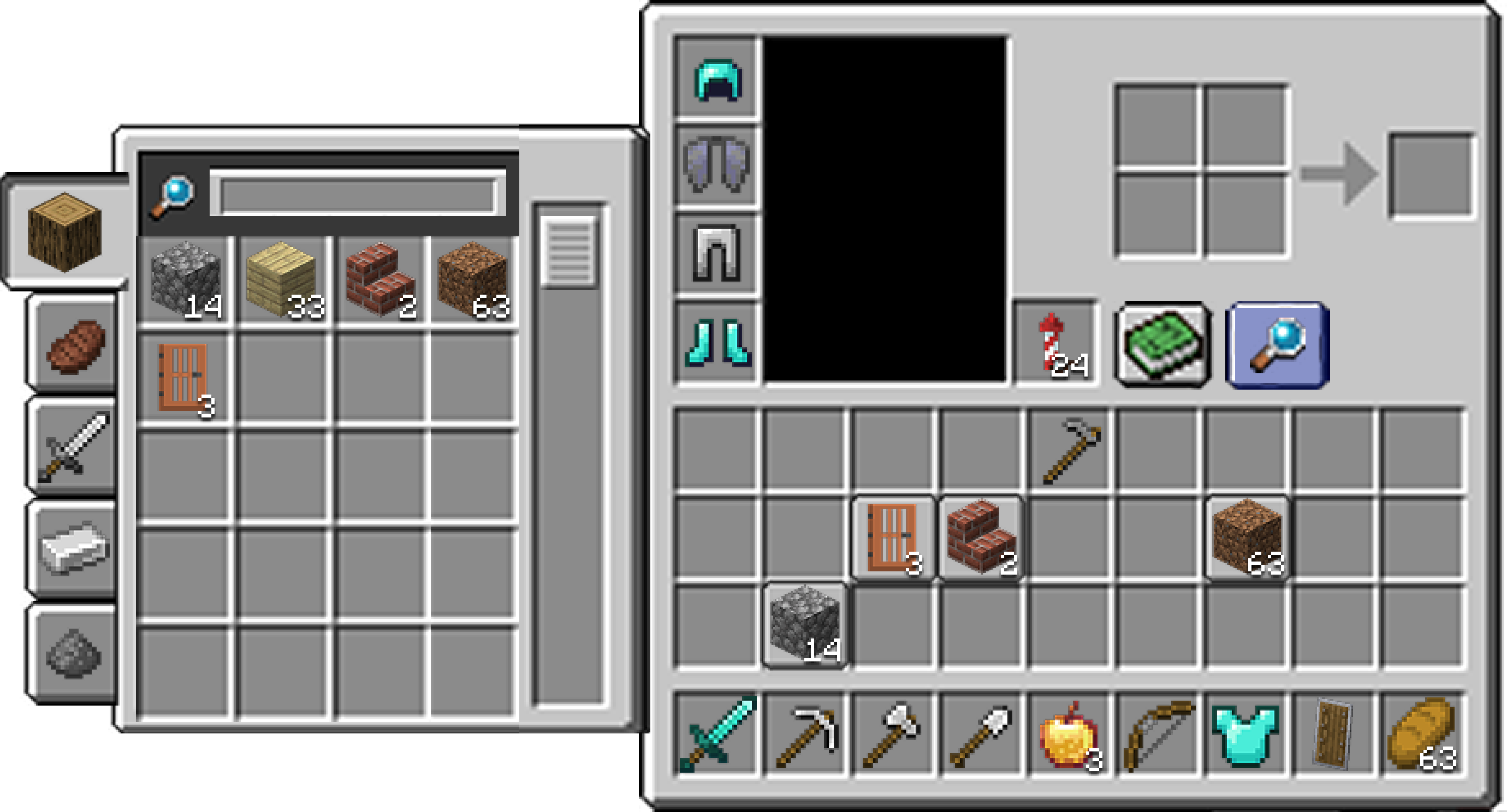 Minecraft inventory mockup with a tabbed, searchable side panel and highlighted matching slots